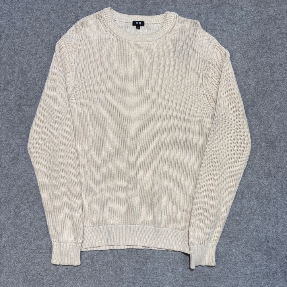 Uniqlo Mens Large Cream Beige Ribbed Knit Crewneck Sweater Long Sleeve
